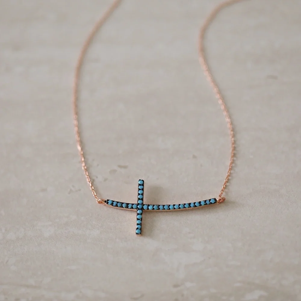 Turquoise Cross Necklace | 14k Rose Gold Plated - Picture 1 of 7